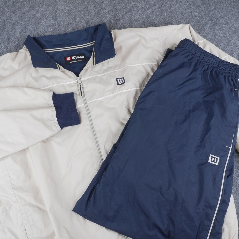 90s Wilson Tracksuit Mens XL Cream Navy Blue Vintage Windbreaker Pants Set Y2K